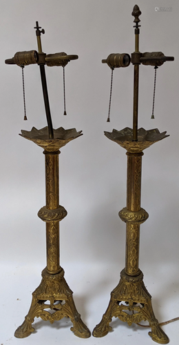 Pair Brass Pricket Sticks as Lamps