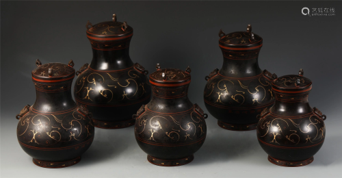FIVER CHINESE GOLD-PAINTED LACQUER-WARE POTS WITH LIDS