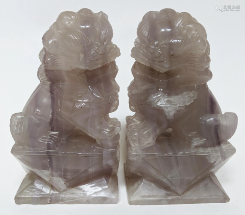 Pair Chinese Rose Quartz Foo Dogs