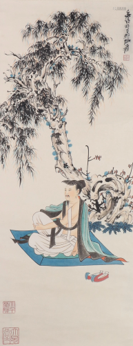 A CHINESE PAINTING FIGURE AND WILLOW TREE