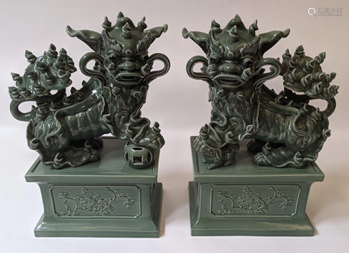 Pair Celadon Porcelain Foo Dogs