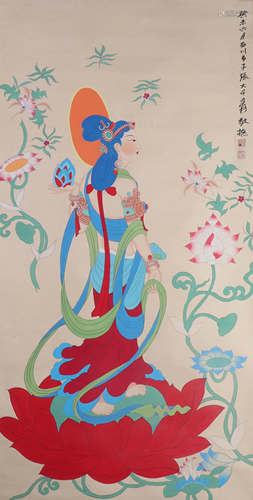 A CHINESE PAINTING OF BUDDHA AND LOTUS