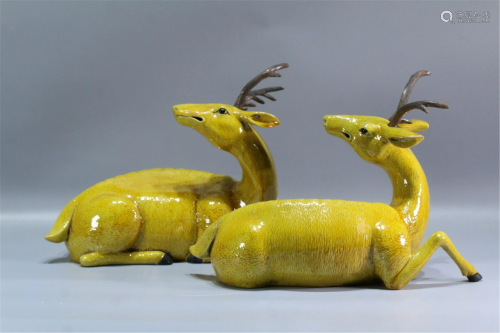 PAIR OF CHINESE YELLOW GLAZED PORCELAIN DEER