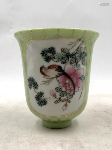 A FAMILLE ROSE FLOWER-AND-BIRD CUP