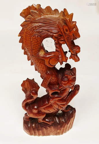 Asian Carved Wood Dragon and Lion Sculpture