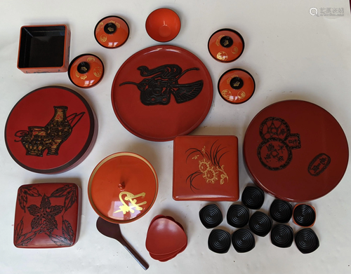 21-Pc Chinese Red Lacquer Boxes, Dishes