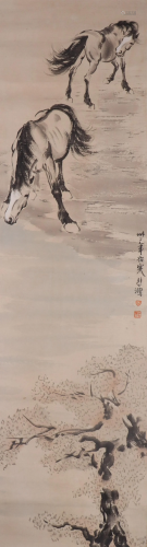A CHINESE PAINTING DEPICTING HORSES BY THE RIVER-SIDE