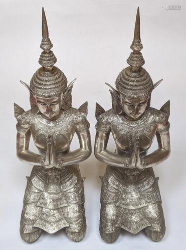 Pair Vintage Thai Silvered Brass Theppanom