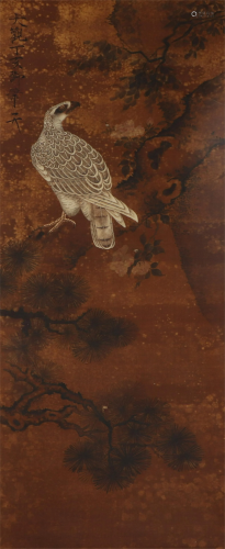 A CHINESE SILK PAINTING DEPICTING A WHITE EAGLE