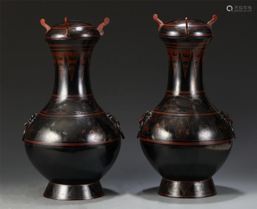 PAIR CHINESE LACQUER-WARE POTS AND COVERS