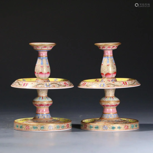 PAIR CHINESE ENAMEL PAINTED CANDLE HOLDERS