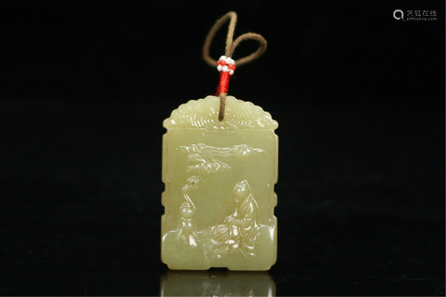 A CHINESE YELLOW JADE CARVED FIGURE STORY PENDANT