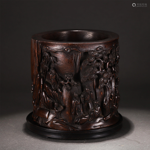 A CHINESE CHENXIANG WOOD LANDSCAPE-FIGURES BRUSH…