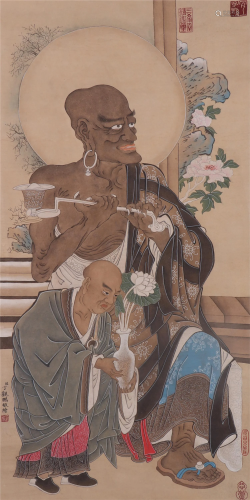 A CHINESE PAINTING OF ARHATS AND FLOWERS