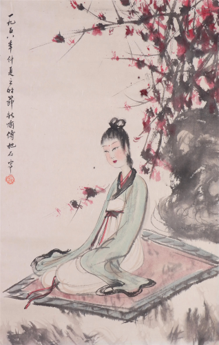 A CHINESE PAINTING OF LADY AND FLOWERS