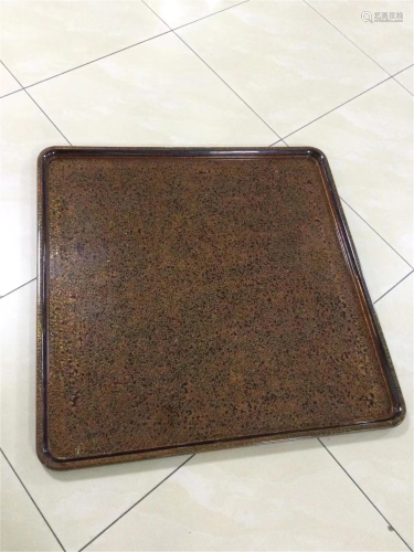 A LACQUERED WOODEN SQUARE TEA TRAY