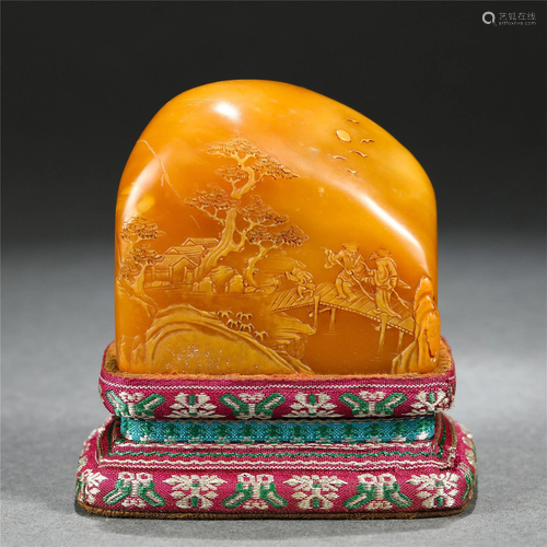 A CHINESE SOAPSTONE LANDSCAPE-AND-FIGURES SEAL