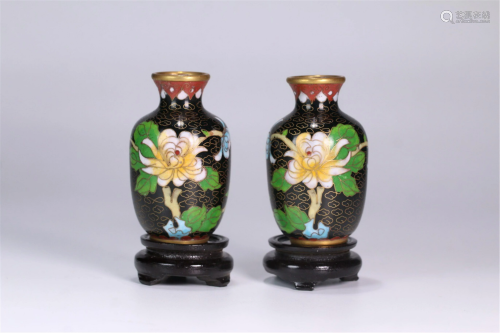 PAIR CHINESE CLOISONNE FLORAL VASES