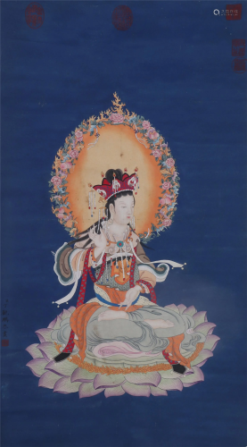 A CHINESE PAINTING OF BUDDHA SITTING ON LOTUS THRONE