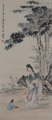 A CHINESE PAINTING OF LADY AND KIDS
