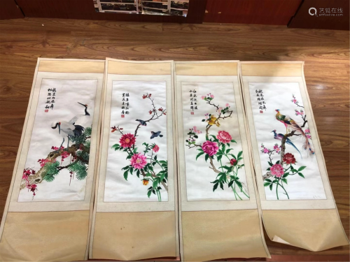 FOUR FLOWER-AND-BIRD HUNAN EMBROIDERY PANELS