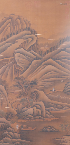 A CHINESE SILK PAINTING OF LANDSCAPE AND FIGURES