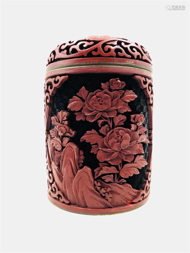 A CARVED LACQUER TUBE SHAPED JAR AND LID