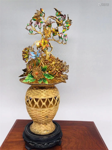 A CHINESE SILVER GILT AND ENAMELED FLOWER BASKET