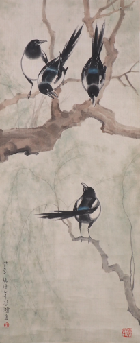 A CHINESE PAINTING OF MAGPIES AND WILLOW TREES