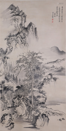 A CHINESE INK-COLORED PAINTING OF LANDSCAPE AND FIG…