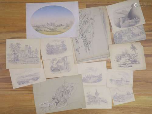 A group of assorted Victorian pencil topographical views, la...