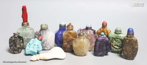 Thirteen Chinese hardstone snuff bottles, lapis turquoise ee...