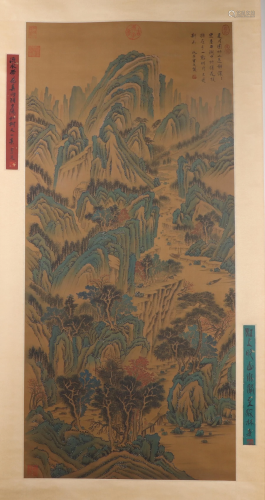 A CHINESE SILK PAINTING OF LANDSCAPE AND FIGURES