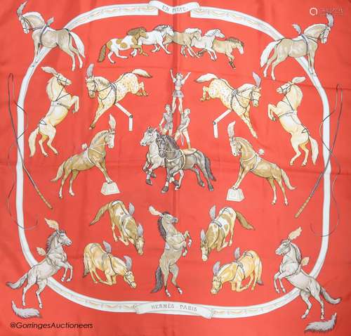 Three vintage Hermes silk scarves, 'Grand Apparat' (red, bla...