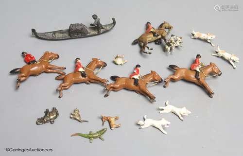 Four miniature cold-painted bronze animals, lizard, stag, fr...