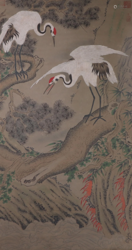 A CHINESE PAINTING DEPICTING TWO CRANES ON PINE …
