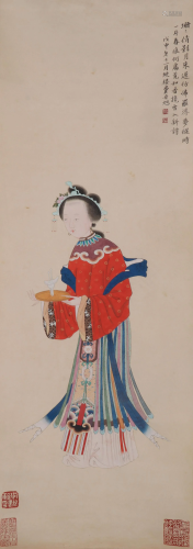A CHINESE PAINTING OF LADY HOLDING A JUE CUP