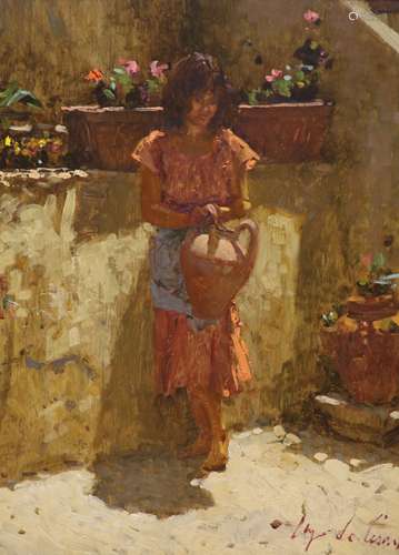 L. De. Cesar, oil on panel, Italian girl at the well, signed...