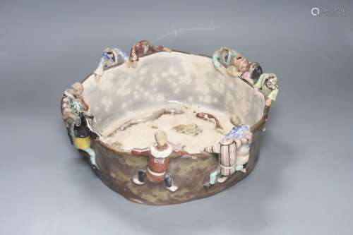 An unusual Japanese Sumida style pottery bowl, figures with ...