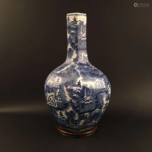 Chinese Blue-White 'Landscape' Hexagon Porcelain Vase