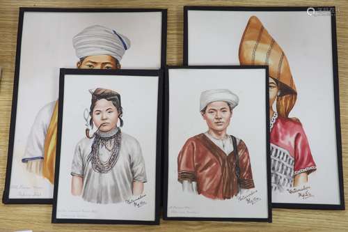 Mgsu Yatanabon, two pairs of watercolours, Portraits of Hill...