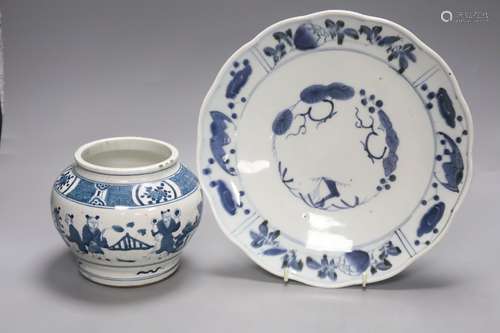 A Japanese Arita blue and white dish with scalloped edge, Di...