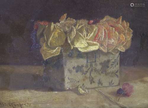 Alick Cooper, oil on canvas, Still life of roses in a flower...