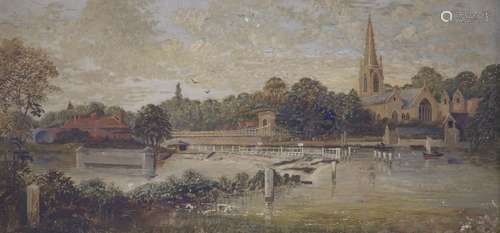 English School c.1900, oil on canvas, Bridge and weir over T...