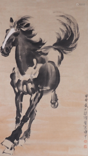 A CHINESE PAINTING OF HORSES BY THE RIVER