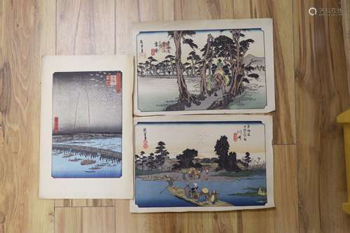 Three Japanese wood block print, Landscapes, 25 x 37cm, unfr...