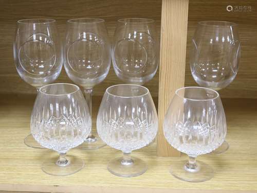 Four John Rocha Waterford wine glasses and three Stuart cut ...