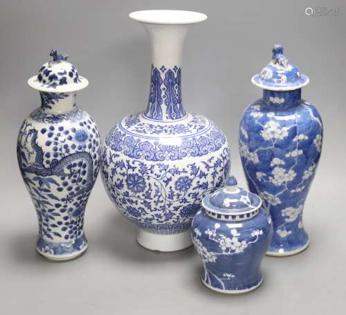 Four Chinese blue and white vases, 19th/20th century, talles...