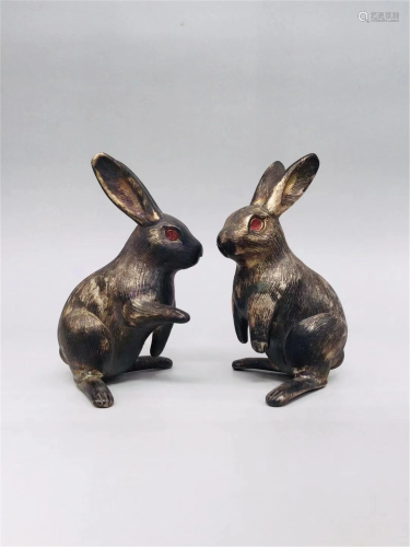 PAIR CHINESE CARVED SILVER RABBITS