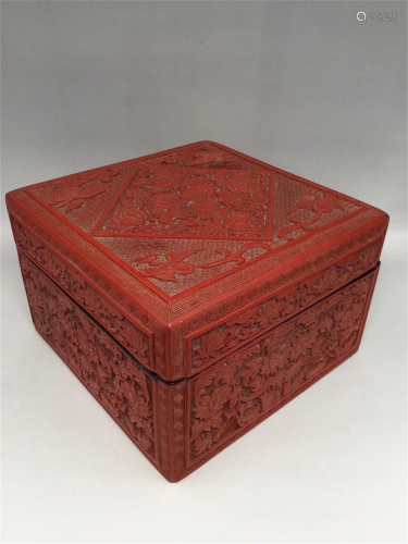 A CARVED RED LACQUER SQUARE BOX AND COVER